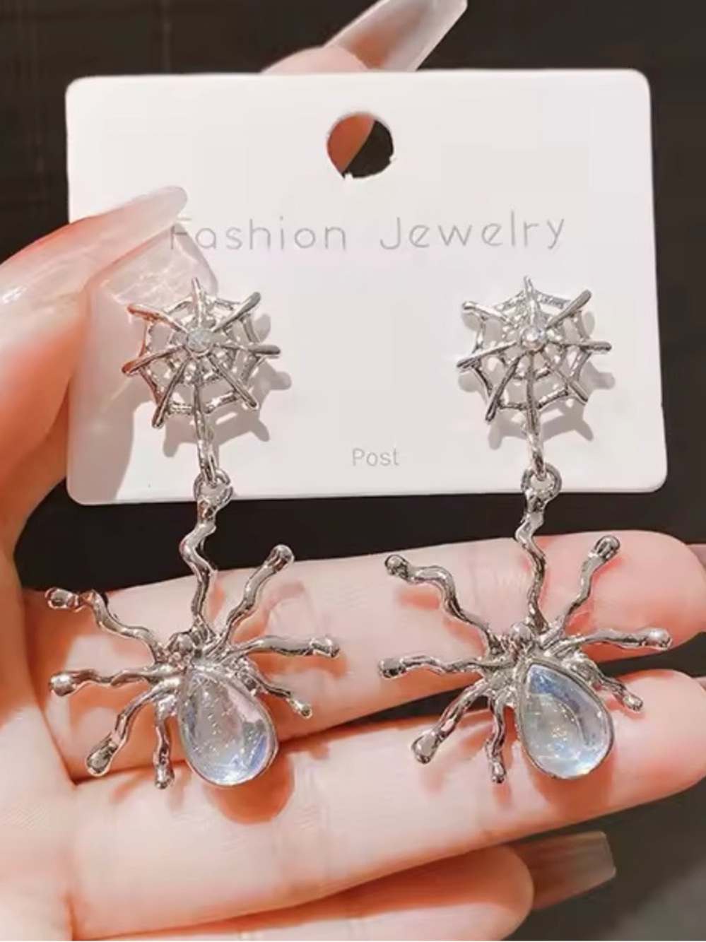 Fashion Jewelry Silver colorSpider Web Dangle Earrings with Iridescent Teardrops